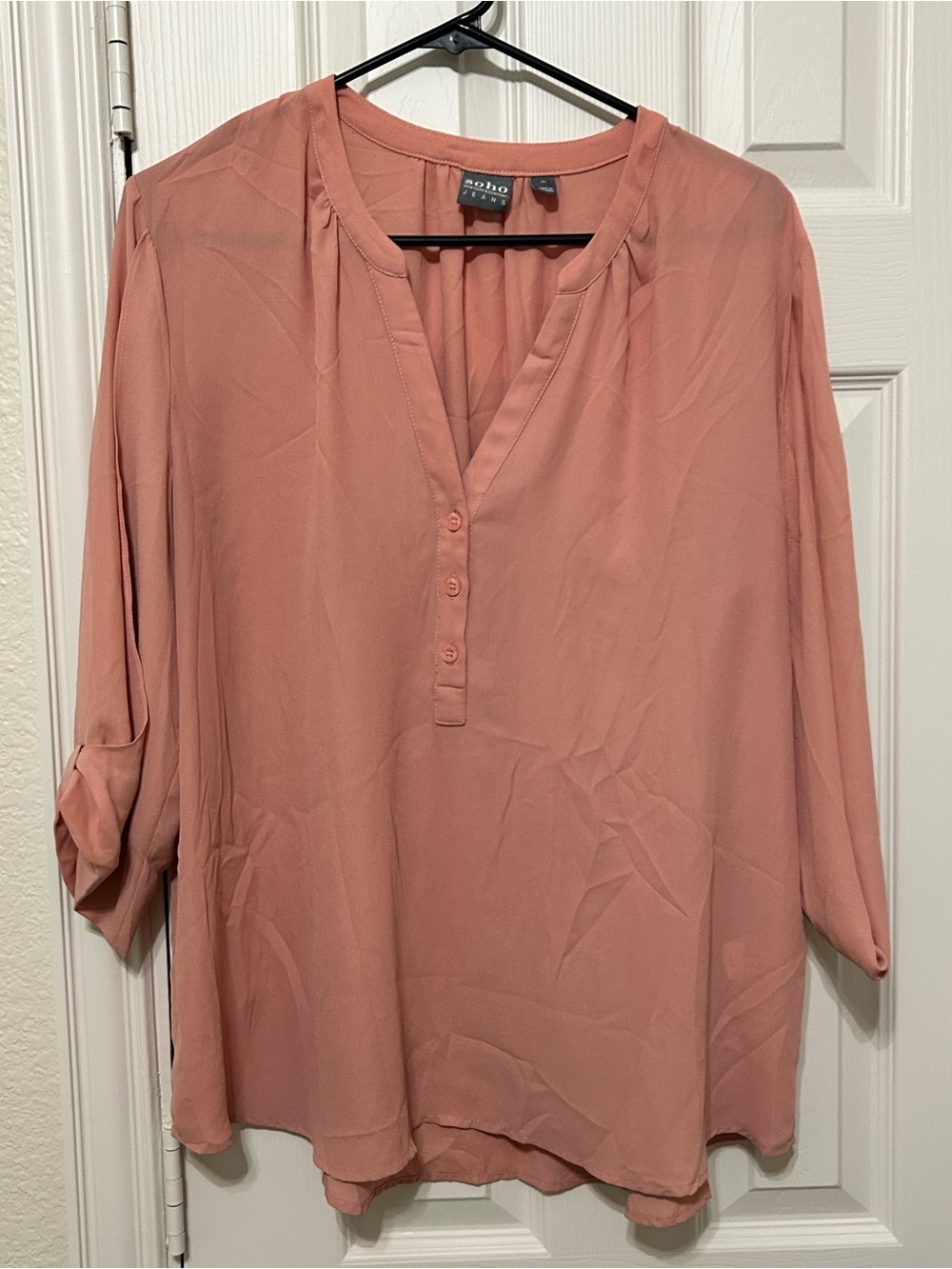 New York & Company SoHo Jeans Dusty Rose V-Neck Button Tunic bow sleeves XL NEW